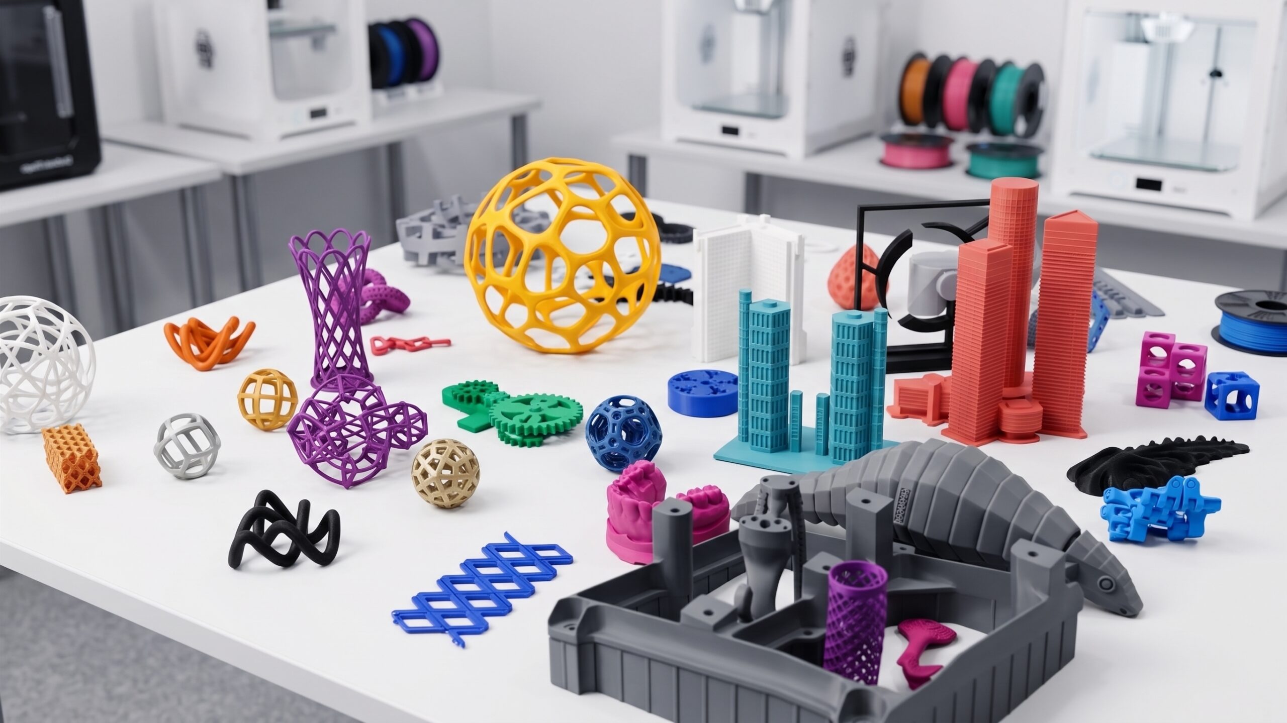 Présentation de plusieurs pièces imprimées en 3D sur table